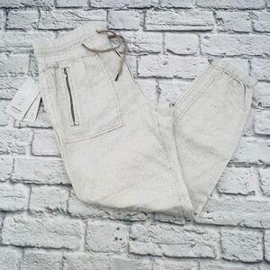 Athleta Cabo Linen Jogger Pants Womens Size 6 White Beige Leopard Print